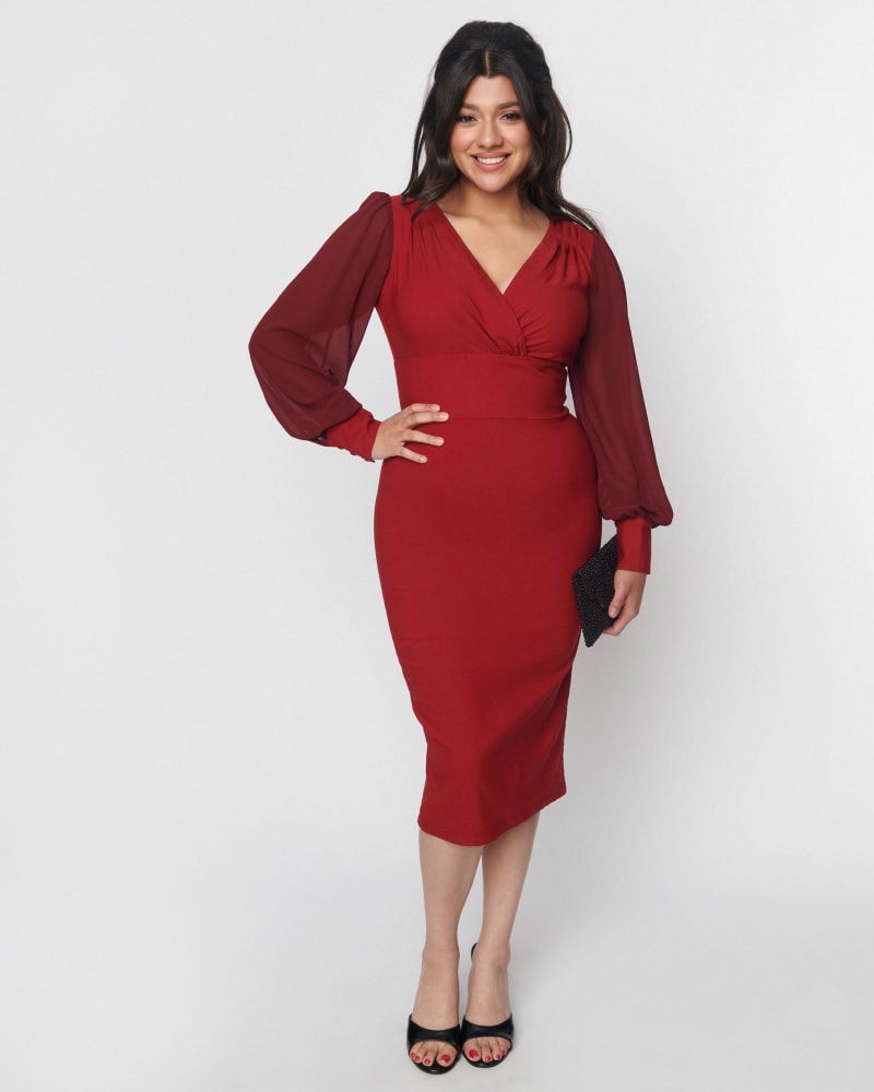 Front of a model wearing a size 1X Unique Vintage Burgundy Delores Wiggle Dress in Burgundy by Unique Vintage. | dia_product_style_image_id:316973